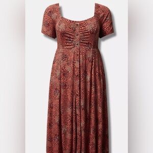 NWT Torrid Midi Dress Size 6X Animal Print Short Sleeves Rust Black Ruched